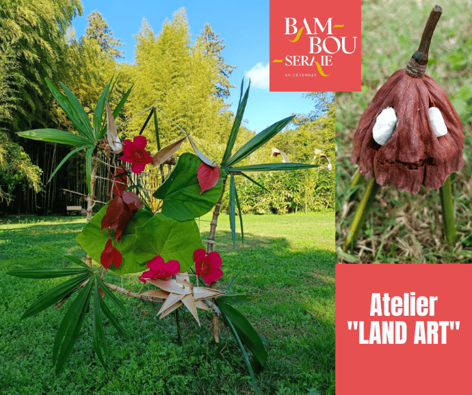 Enfants créant une œuvre de Land Art avec des éléments naturels dans le parc de la Bambouseraie